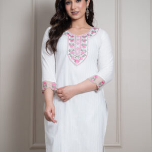 DALIVD X Women Embroidered Cotton Blend Straight Kurta (White)