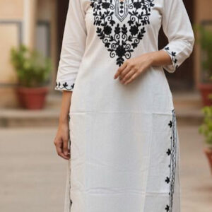 IGE Women Embroidered Khadi Cotton A-line Kurta (White)