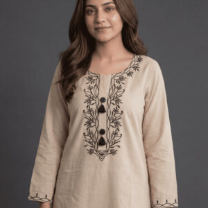 PRINCEFEBRICS Women Embroidered Cotton Blend Straight Kurta (Beige)